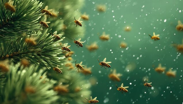 Bees flying around a pine tree in a winter scene