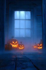 Obraz premium Enigmatic haunted house enveloped in fog with luminous pumpkins, casting an eerie glow through aged windows, perfect for Halloween atmosphere and chilling narrative.