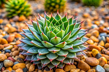 Fototapeta premium Closeup of a vibrant green succulent plant with pointed leaves, showcasing its intricate rosette pattern and texture, surrounded by small pebbles in a garden setting