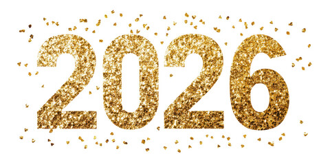 2026 new year festive glitter number with golden confetti isolated on white or transparent png