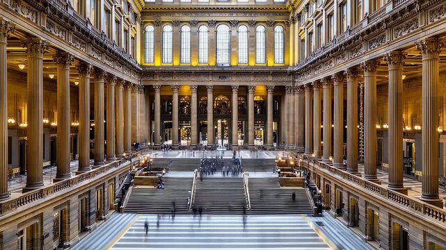 Architectural marvel of courthouse interior with colonnades and time lapse effect