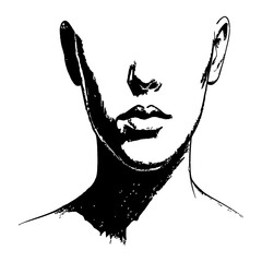 Bold shadowy face nose lips and neck area of a woman, silhouette of expressive human face, minimalist monochrome portrait illustration.