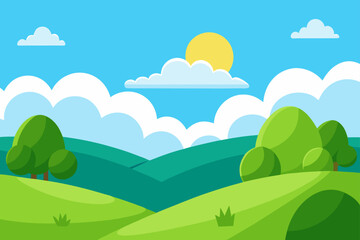 Obraz premium Vibrant cartoon landscape with rolling green hills trees and fluffy clouds under a bright sun