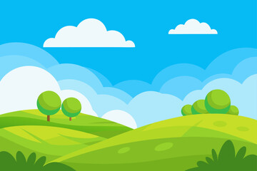 Fototapeta premium Stylized green rolling hills with trees and clouds under a blue sky