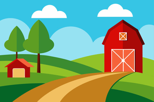 Vibrant cartoon farm landscape with red barn and rolling green hills