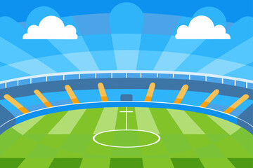 Stylized soccer stadium with green field and blue sky