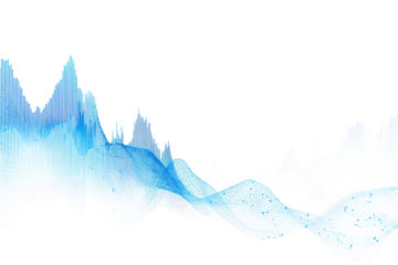 Abstract, digital landscape of light blue, mountainous forms on a black background.  Textured waves and peaks