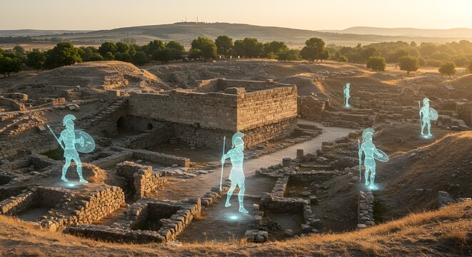 Troy archaeological site with digital ancient warrior holograms walking around - Powered by Adobe