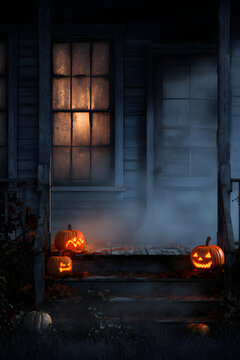 Enigmatic haunted house enveloped in fog with luminous pumpkins, casting an eerie glow through aged windows, perfect for Halloween atmosphere and chilling narrative.