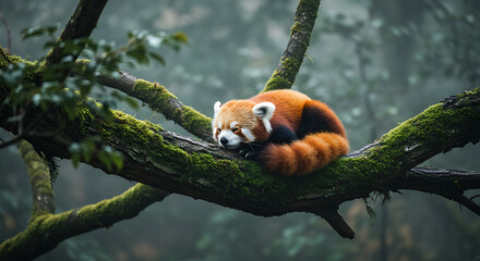"A sleeping red panda curled on a tree branch in a misty mountain forest, partially hidden by leaves and moss."

