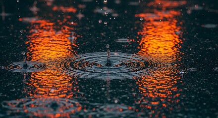 Close-up of Raindrops Falling into a Puddle with Reflected Orange Lights Creating Ripples on a Dark Surface