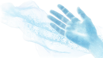 A stylized, light-blue hand emerges from a textured, flowing, light-blue substance.  The hand appears translucent and detailed, while the substance has a slightly mottled, almost icy texture