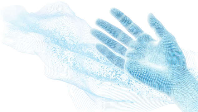 A stylized, light-blue hand emerges from a textured, flowing, light-blue substance.  The hand appears translucent and detailed, while the substance has a slightly mottled, almost icy texture