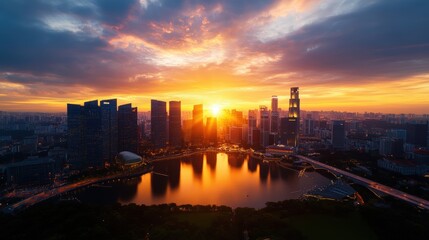 Fototapeta premium Breathtaking cityscape du sunset with modern skyscrapers reflecting on water skyline horizon