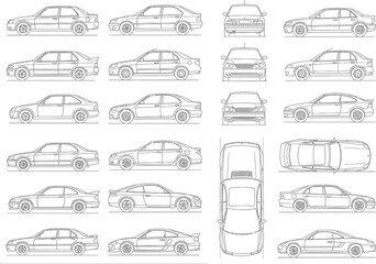 Collection of detailed automotive line drawings showcasing various car models from multiple angles