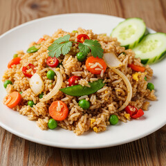 A plate of fried rice mixed with vegetables