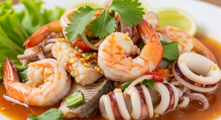 A plate of spicy seafood salad with shrimp, squid and fish
