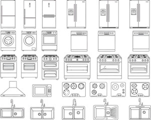 Fototapeta premium Collection of hand drawn architectural elevations and floor plans of kitchen appliances and bathroom fixtures