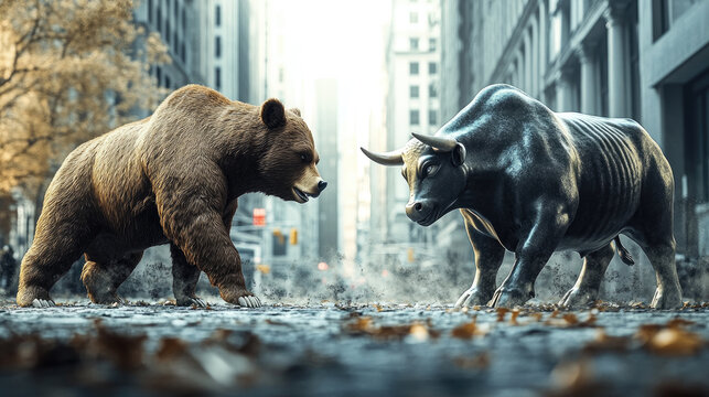Stock market concept with bear and bull standing on hind legs in battle on Wall Street, symbolizing market competition, economic tension, bullish and bearish trends, financial trading