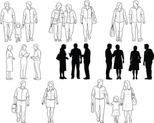 Diverse group of people in silhouette and sketch style standing together in conversation and contemplation