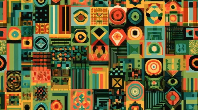 Vibrant mosaic tile pattern. Abstract shapes with earthy color palette, layered art