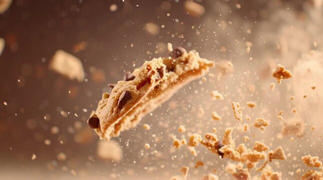 Chocolate chip cookie breaking in slow motion, crumbs flying mid-air