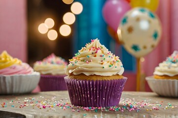 Colorful Cupcake with Buttercream Frosting and Sprinkles at Party Table