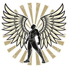 Vintage archangel silhouette with fully spread black wings