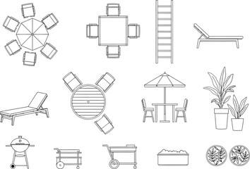 Collection of hand drawn architectural sketches showcasing various outdoor furniture arrangements and design elements from a top down perspective