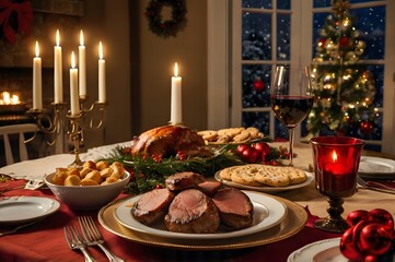 Festive Christmas Dinner Table with Roast Meat, Wine, and Holiday Decor in Warm Candlelight