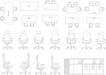 Collection of architectural floor plan symbols and furniture layouts for office and meeting spaces