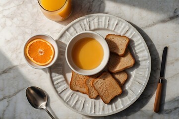 Top View Minimal Breakfast Table with Orange Juice, and Toast on White Marble