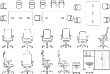 Detailed architectural blueprint drawings showcasing various office chair designs and furniture layouts for modern workspaces