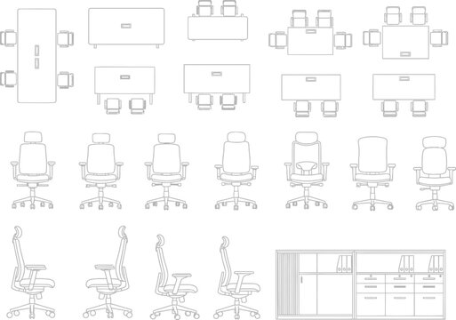 Collection of architectural floor plan symbols and furniture layouts for office and meeting spaces