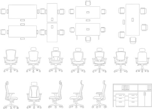 Architectural floor plan drawing of an office space with furniture layouts and detailed chair illustrations