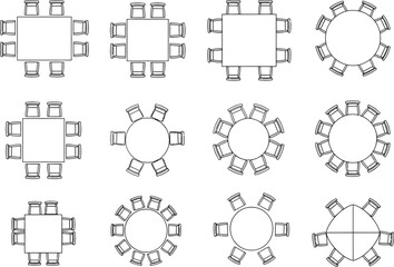 Collection of top down views of various dining table and chair arrangements for event planning and interior design