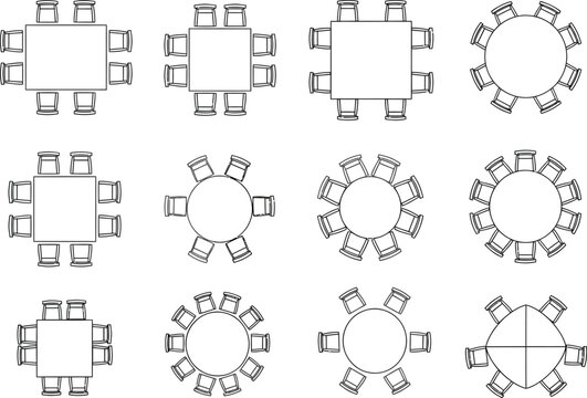 Collection of top down views of various dining table and chair arrangements for event planning and interior design