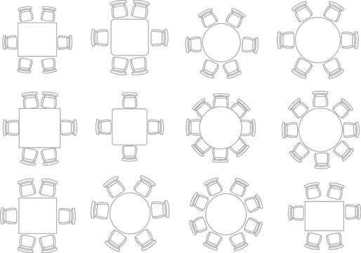 Collection of top down views of various dining table and seating arrangements for different group sizes and occasions