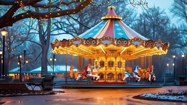 A brightly colored carousel in the park with twinkling lights creating a magical atmosphere. Ideal for advertising entertainment events and family vacations.
