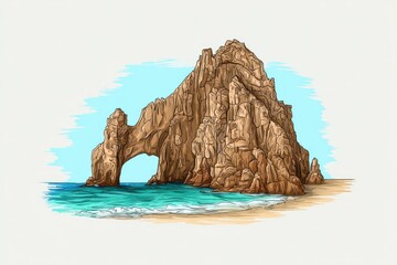 Rocky archway at the beach, a detailed illustration.