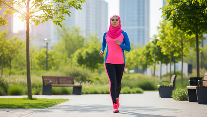 A Muslim woman enjoying a refreshing morning jog in a green city park, embracing a healthy lifestyle with a sense of movement and vitality.