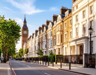 Fototapeta premium London street view with iconic architecture and historical buildings under clear skies