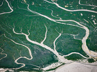 Aerial view of the Bay de Somme in France - Tidal forces shape the coast of the Atlantic