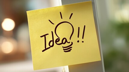 Close-up yellow Post-it note with handwritten 'Idea!' and a lightbulb icon.