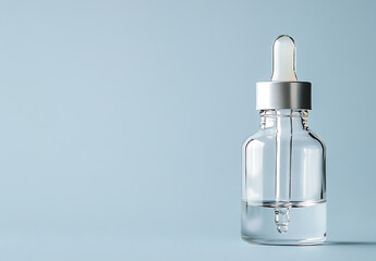 Clear glass bottle with silver cap and dropper containing liquid, displayed against a light blue background, showcasing cosmetic or pharmaceutical product