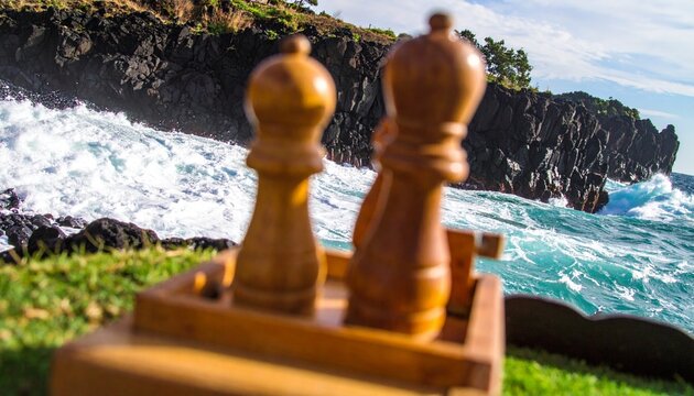 Abstract ocean waves crashing against basalt cliffs with high contrast lighting, perfect for dynamic 4K wallpaper aesthetics. 