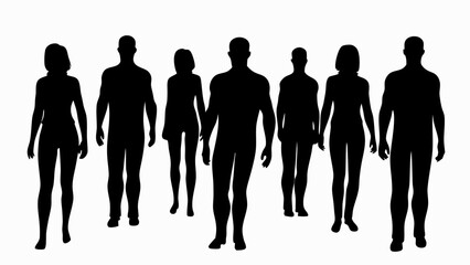 Silhouette of a group of people walking forward together in a line on a white background view from the front