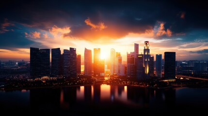 Fototapeta premium Breathtaking city skyline at sunset with modern skyscrapers illuminated with golden light and vibrant clouds in the sky