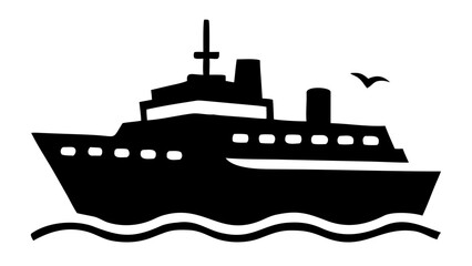 Obraz premium Silhouette of a cruise ship on the water with a bird flying above it on a white background