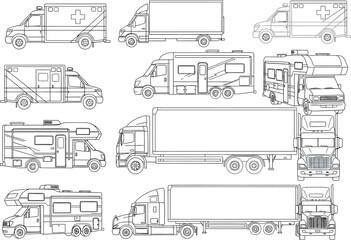 Collection of hand drawn line art illustrations of various types of trucks and vans showcasing different designs and functions